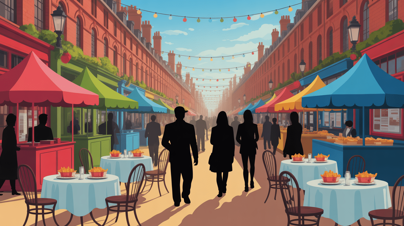 Marché animé fish and chips Spitalfields extérieur