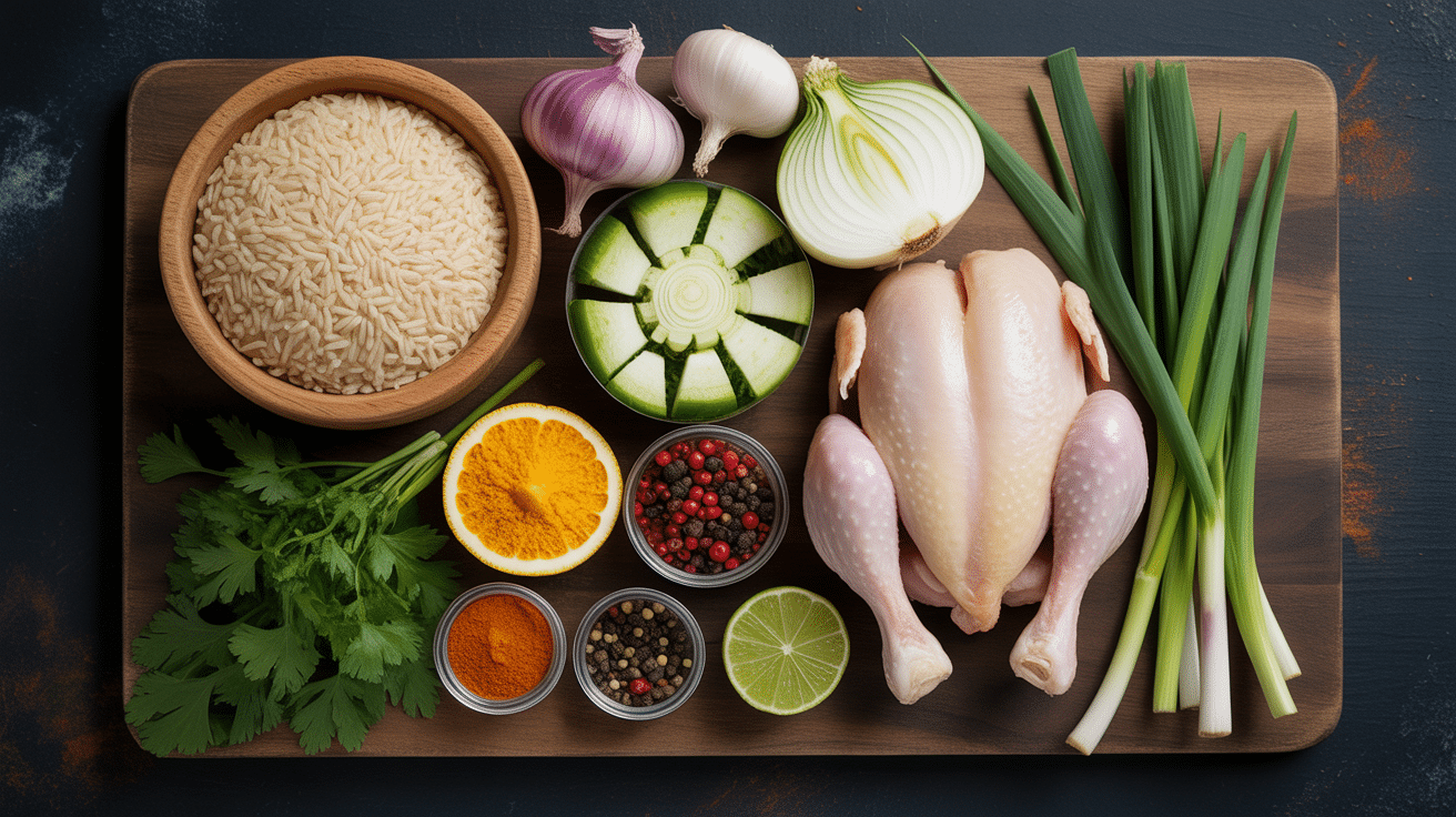 Ingrédients jambalaya poulet sur plan de travail