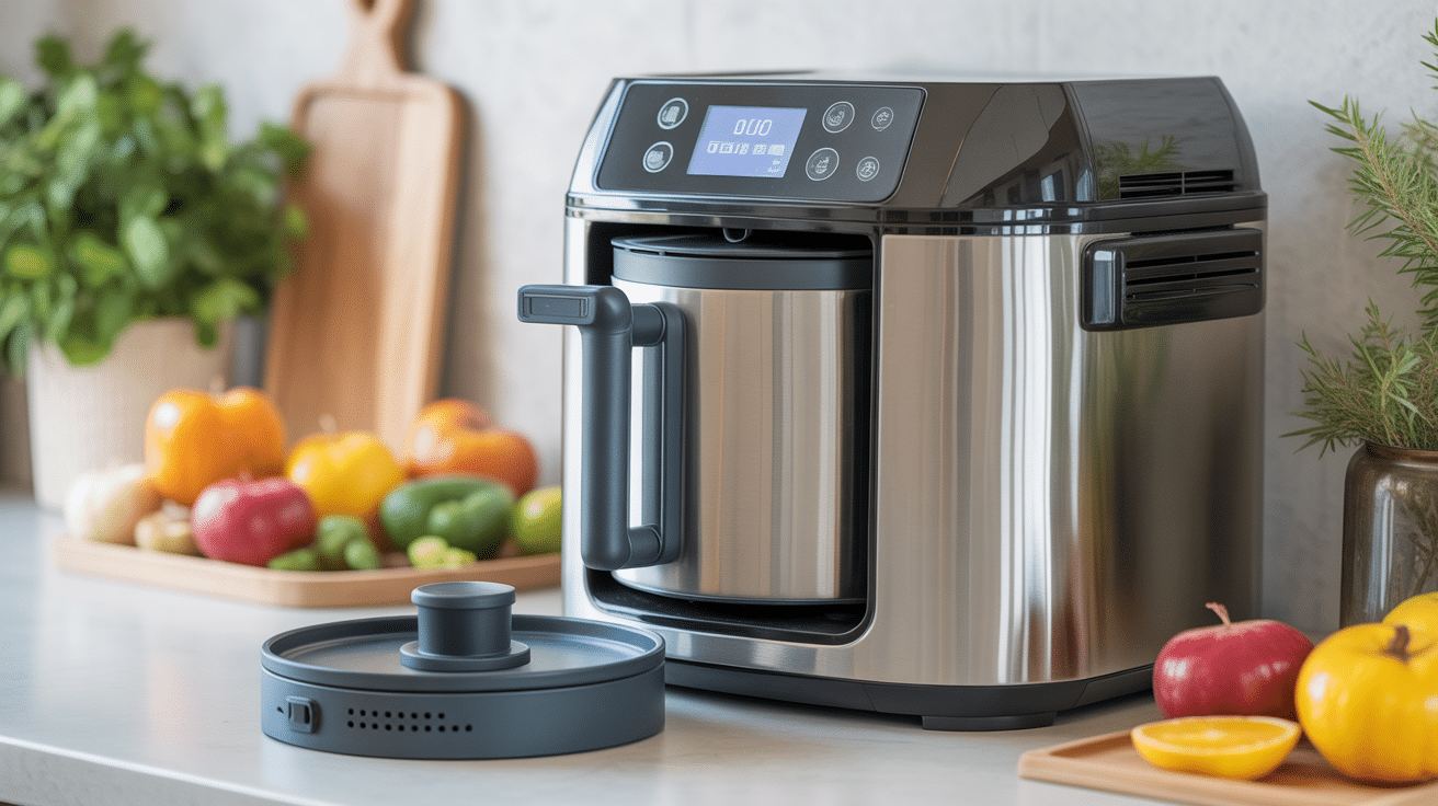 Instant Pot ouvert avec accessoires et écran digital