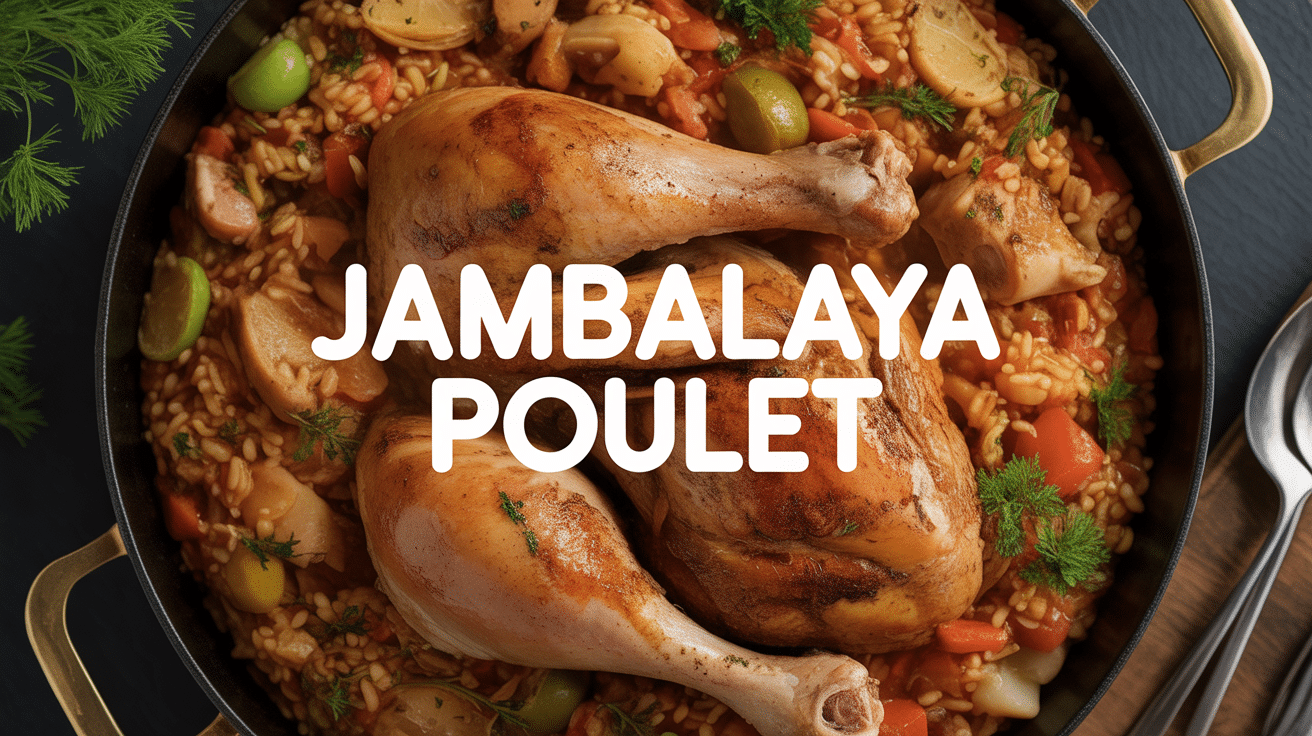 Jambalaya poulet fumant dans cocotte en fonte