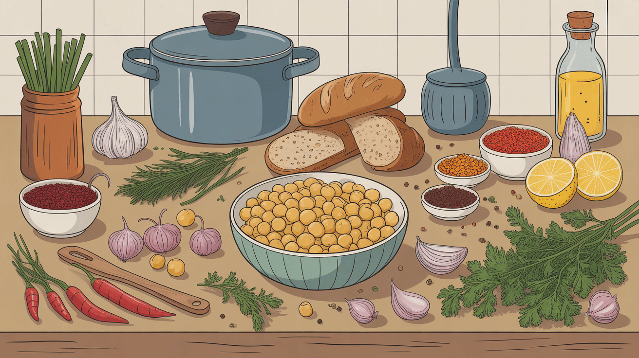 Ingrédients pour lablabi sur table de cuisine