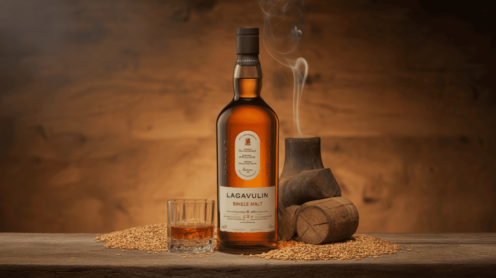 lagavulin single malt bouteille sur table avec orge et tourbe
