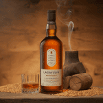 lagavulin single malt bouteille sur table avec orge et tourbe
