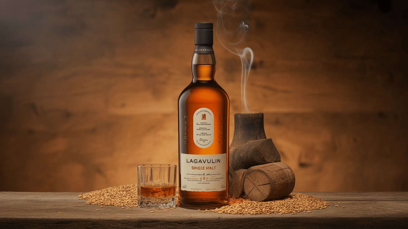lagavulin single malt bouteille sur table avec orge et tourbe