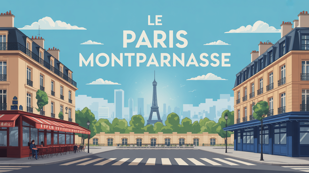 Vue urbaine de le Paris Montparnasse entre tour, cafés, cimetière et gare