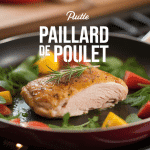 Paillard de poulet doré dans poêle, légumes et herbes fraîches