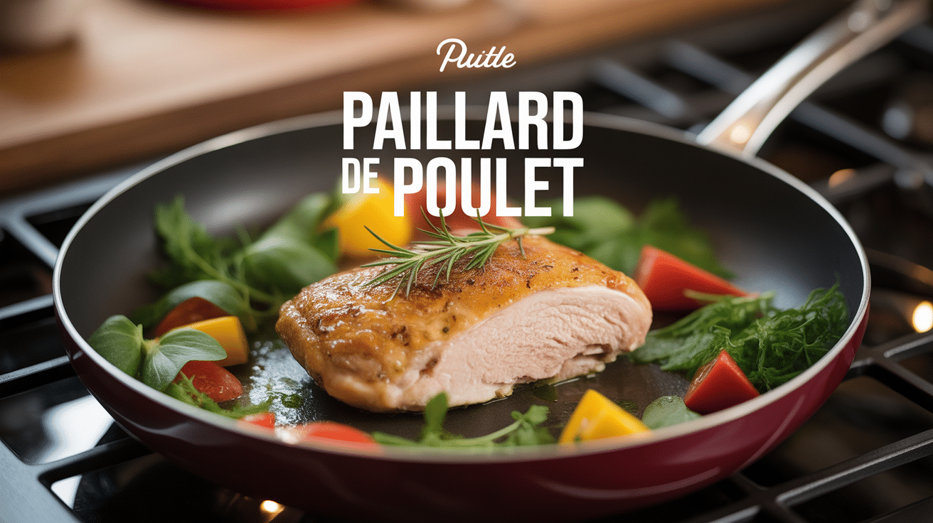Paillard de poulet doré dans poêle, légumes et herbes fraîches