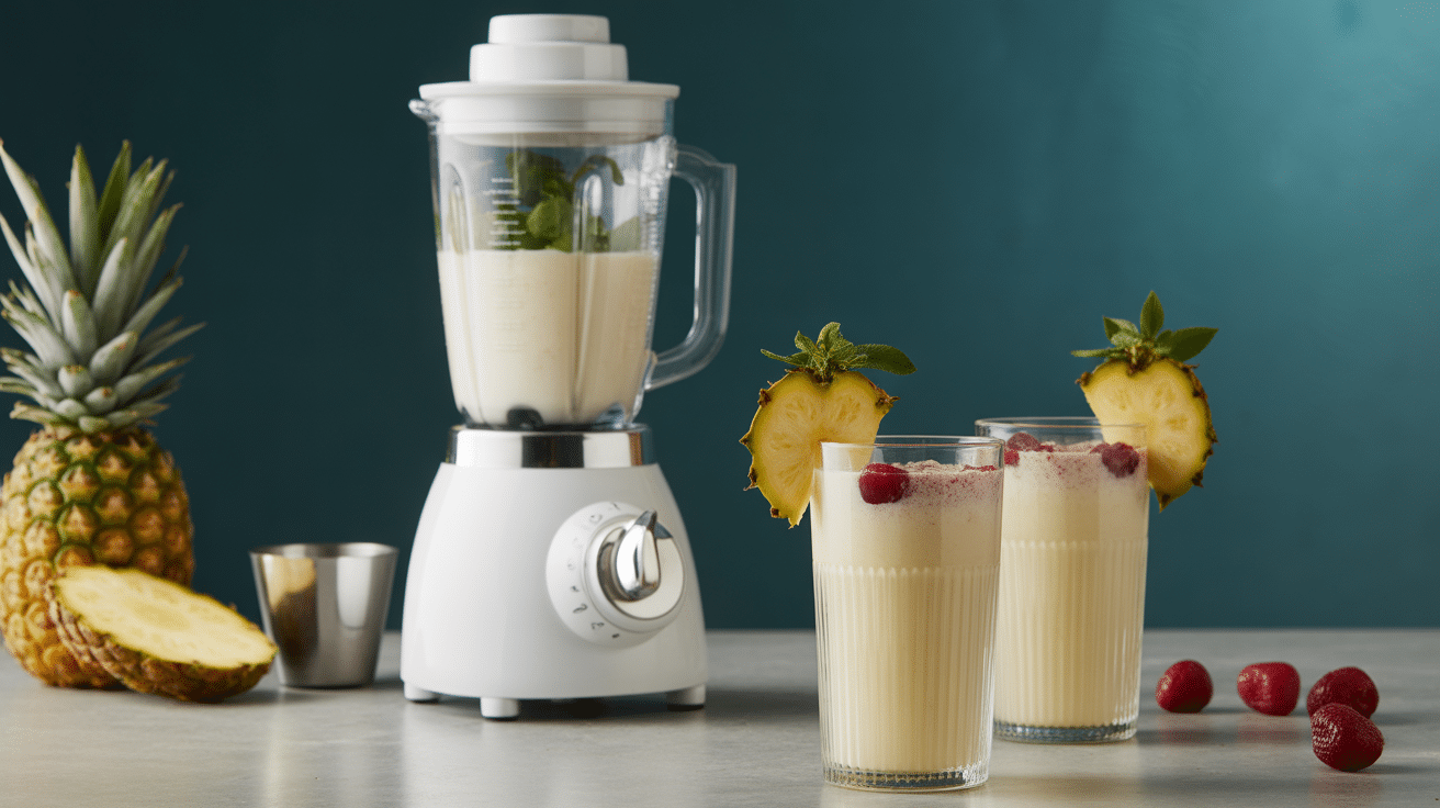 préparation pina colada sans alcool blender verres décorés
