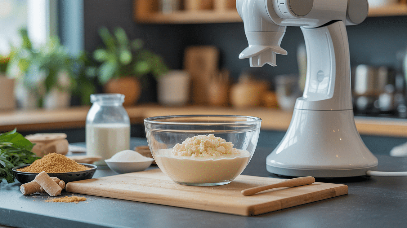 semoule au lait thermomix en cours avec robot blanc et ingrédients