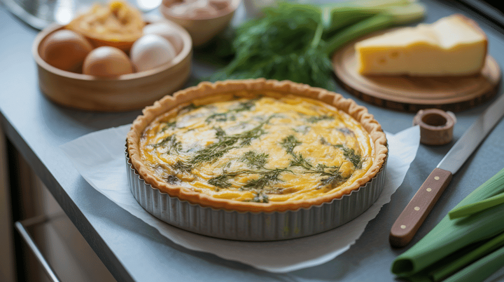 quiche au thon sans pate dorée sur table avec ingrédients