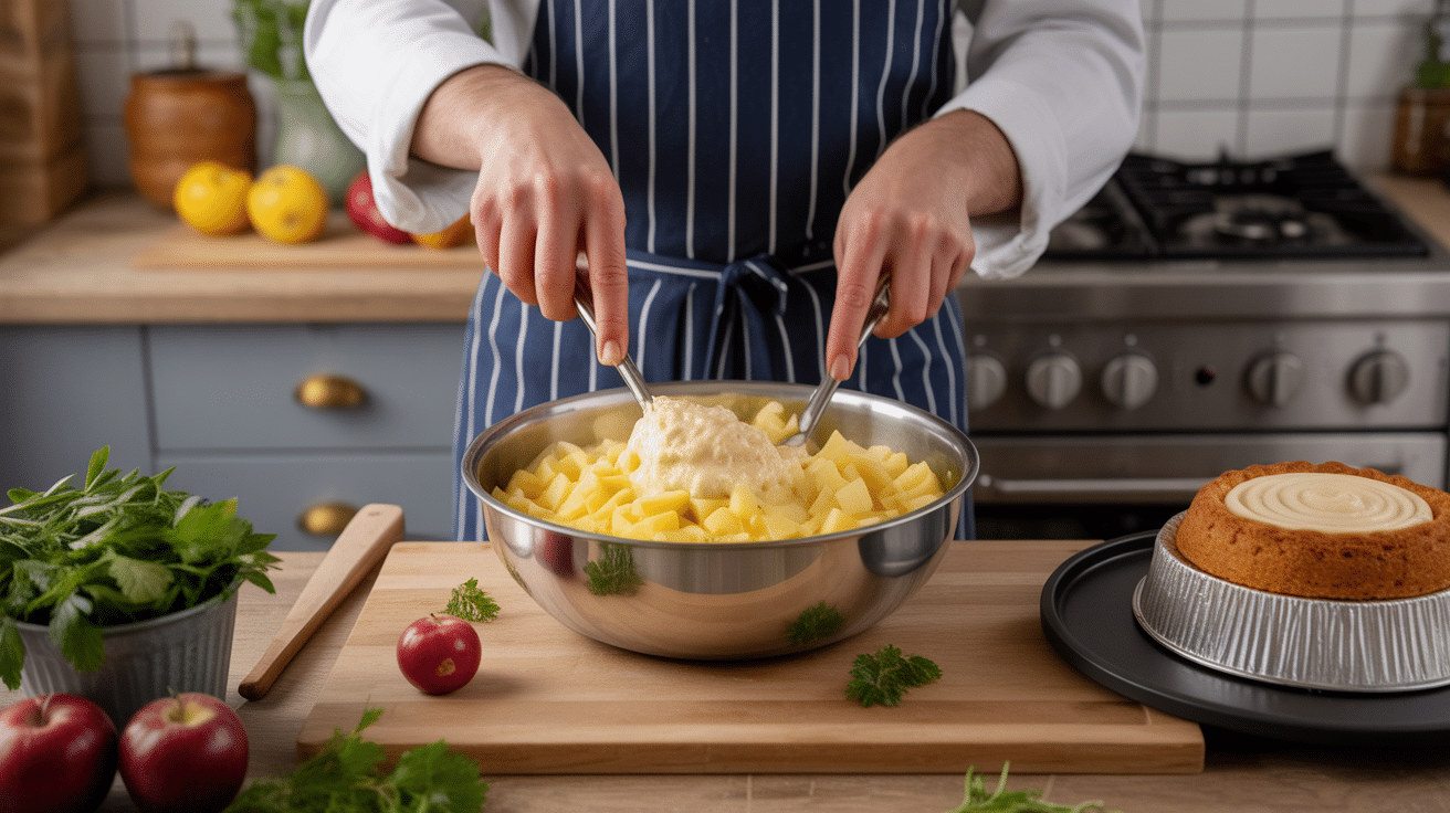 Préparation gâteau invisible aux pommes Cyril Lignac, mélange pommes et pâte