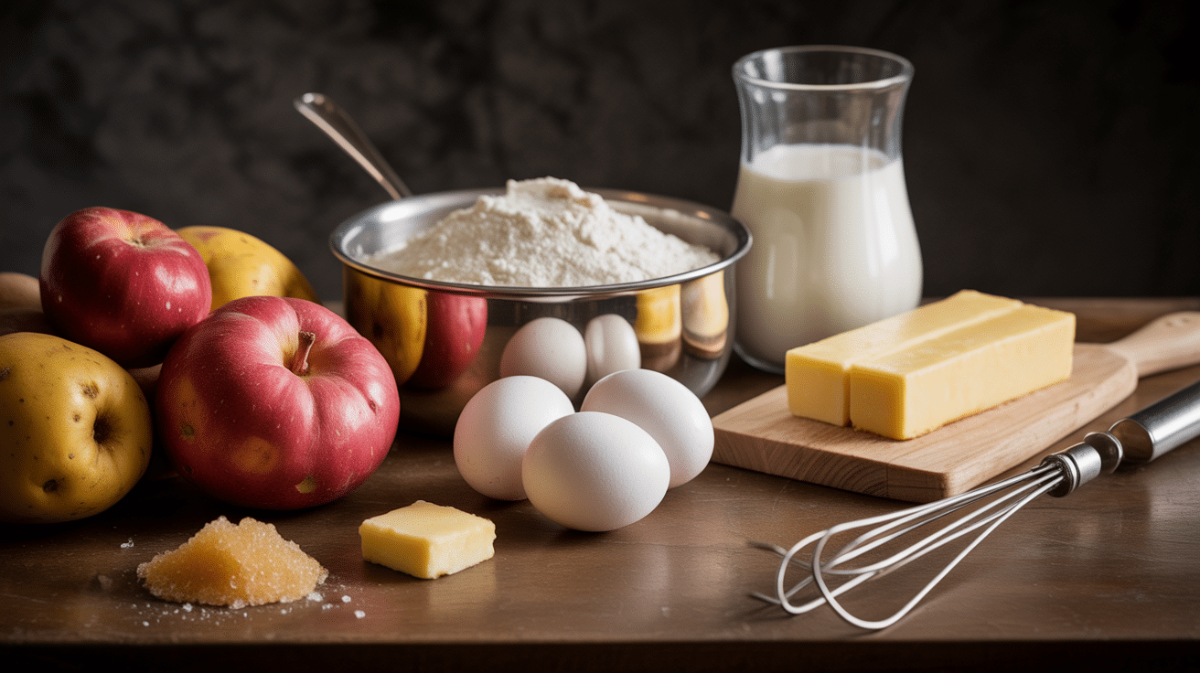 Ingrédients recette gâteau invisible aux pommes Cyril Lignac sur plan bois