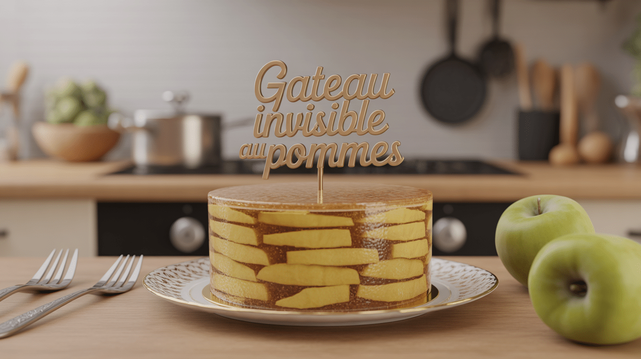 Gâteau invisible aux pommes Cyril Lignac sur assiette élégant, tranches apparentes