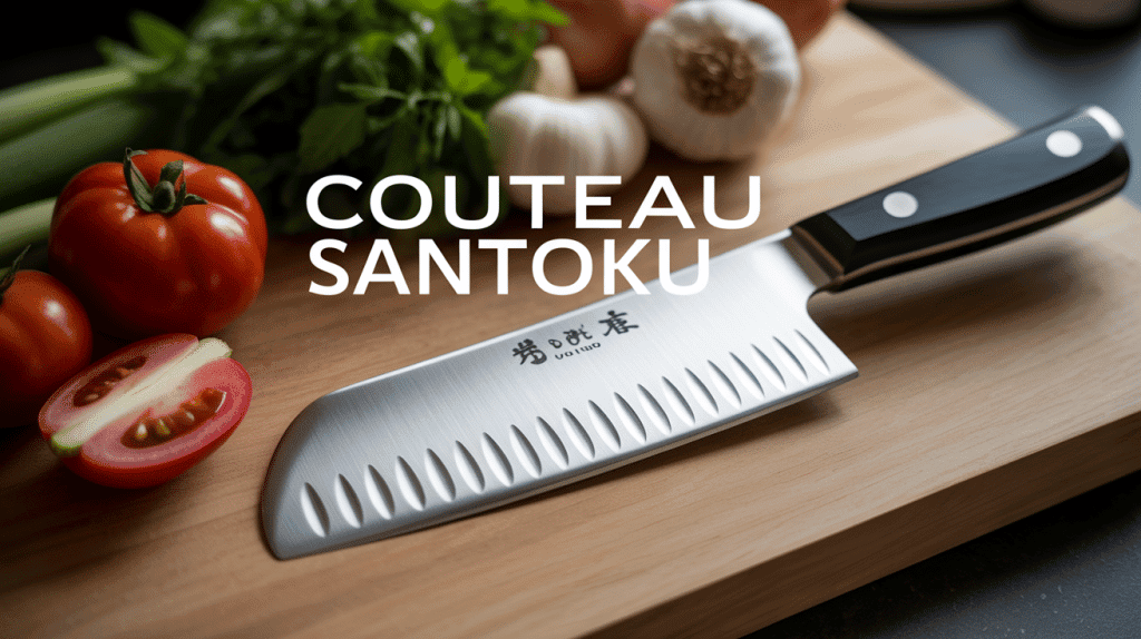 santoku couteau lame large posé sur planche bois avec légumes