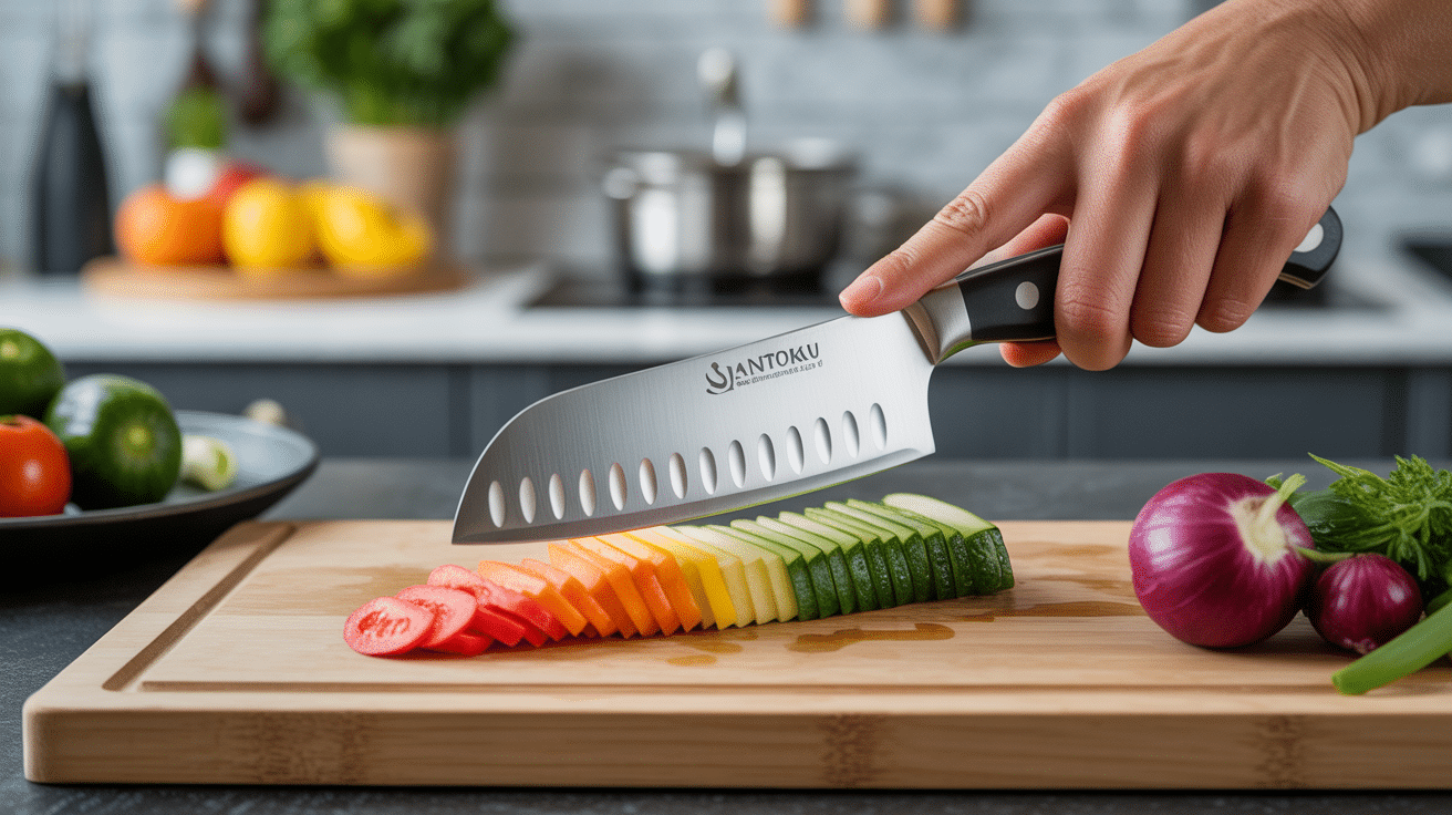 santoku couteau coupe légumes colorés planche