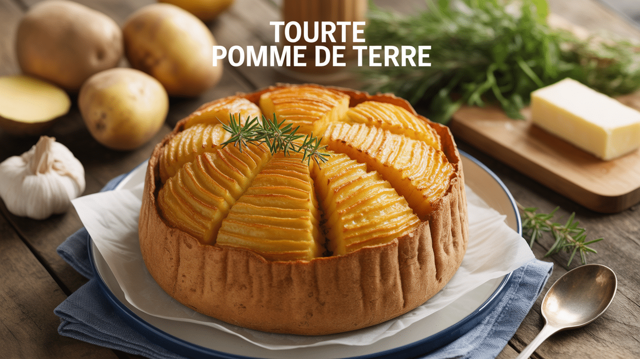 Tourte pomme de terre dorée et croustillante sur table