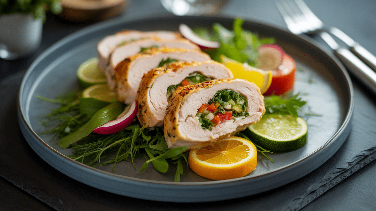 Différents paillards de poulet aux herbes, citron, salade, accompagnements