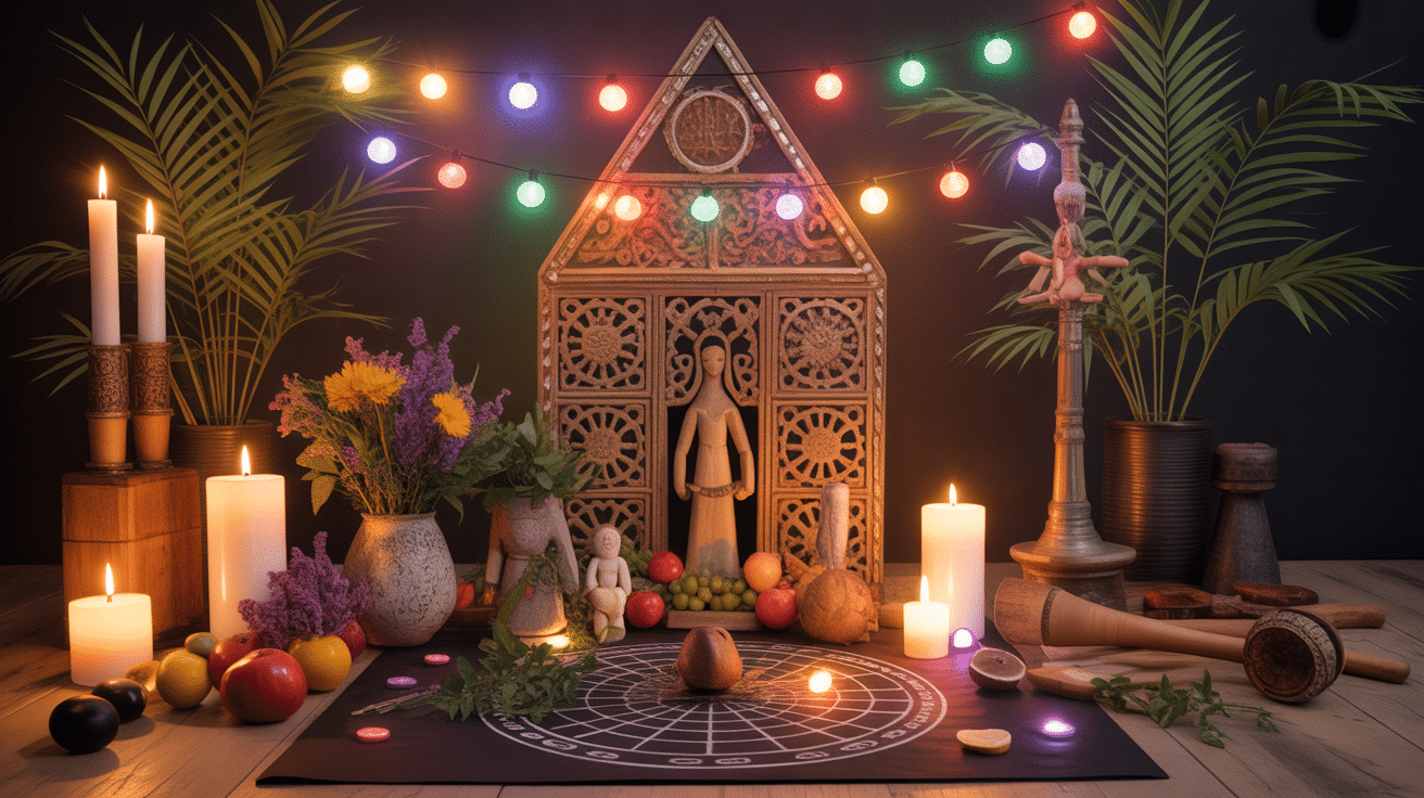 Objets rituels vaudoo, autel, poupées, offrandes, bougies