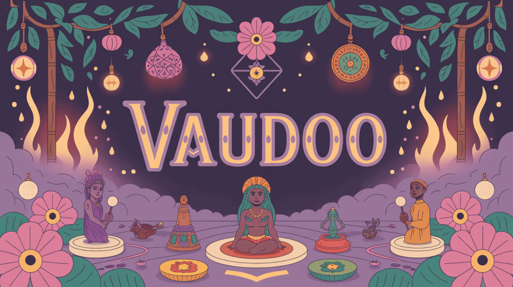Illustration vaudoo, symboles, poupées, bougies, objets sacrés