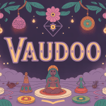 Illustration vaudoo, symboles, poupées, bougies, objets sacrés