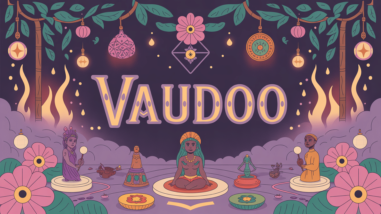 Illustration vaudoo, symboles, poupées, bougies, objets sacrés