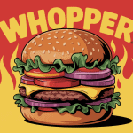 whopper géant sur fond rouge jaune avec flammes