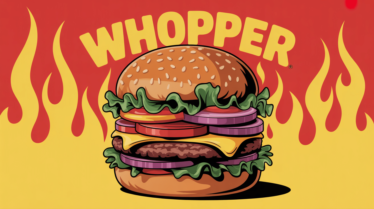 whopper géant sur fond rouge jaune avec flammes