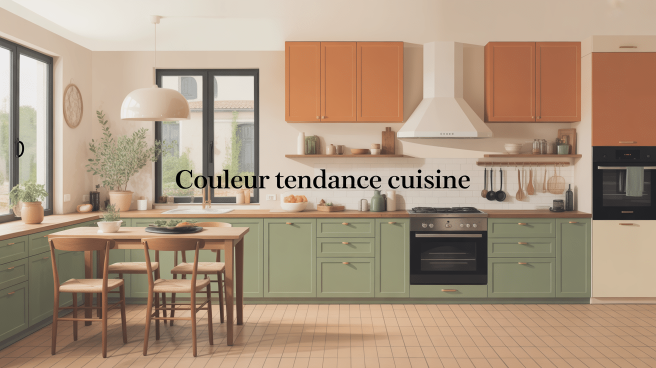 Illustration couleur tendance pour cuisine, verts, beiges, terracotta, bois