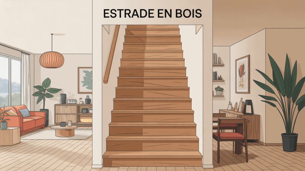 estrade en bois centrale dans intérieur moderne lumineux