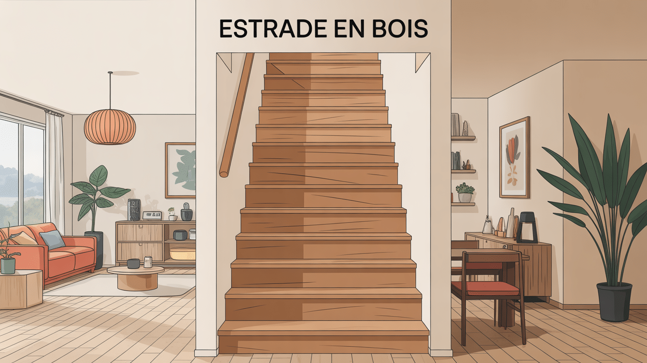 estrade en bois centrale dans intérieur moderne lumineux