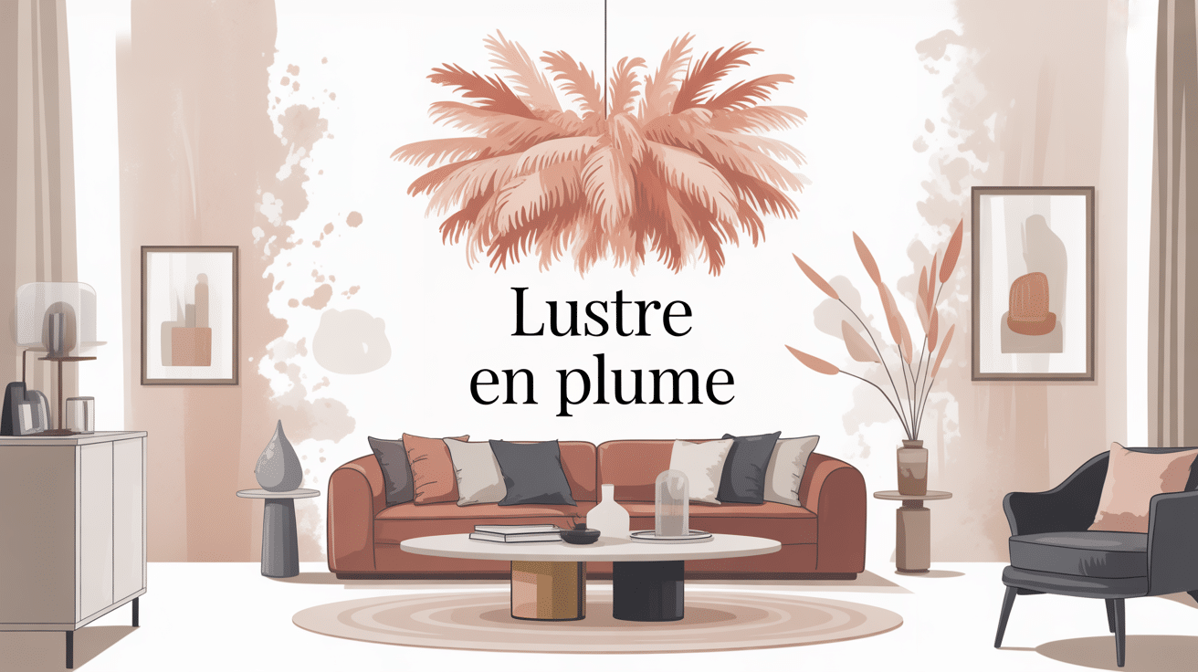 lustre en plume élégant dans salon moderne ambiance cosy