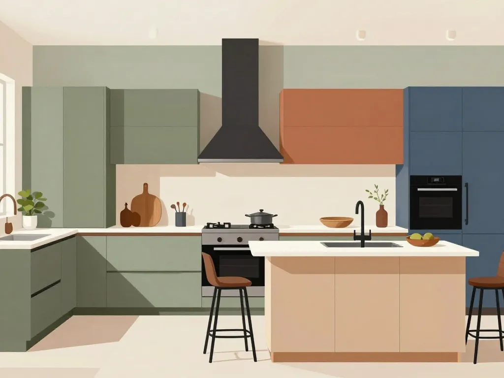 Palettes de couleur tendance pour cuisine, verts sauge, terracotta, beige