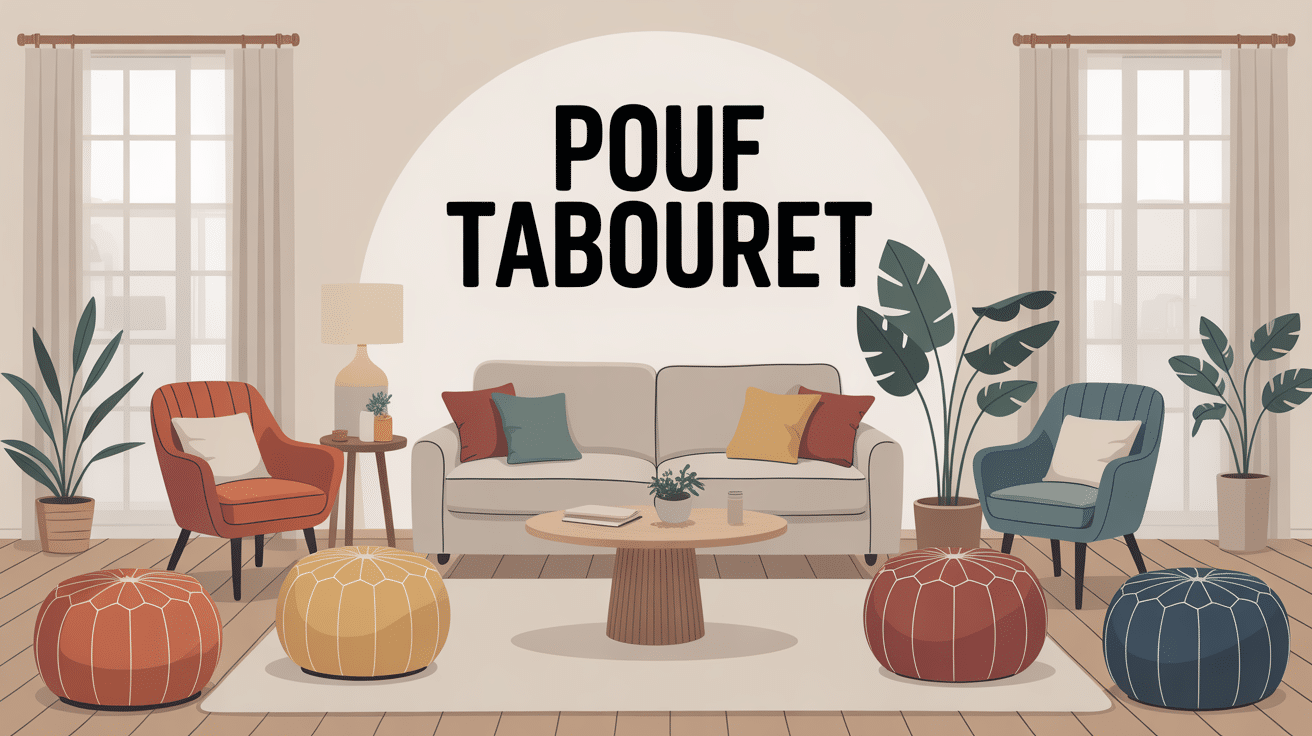 Poufs tabourets tendances disposés dans un salon cosy