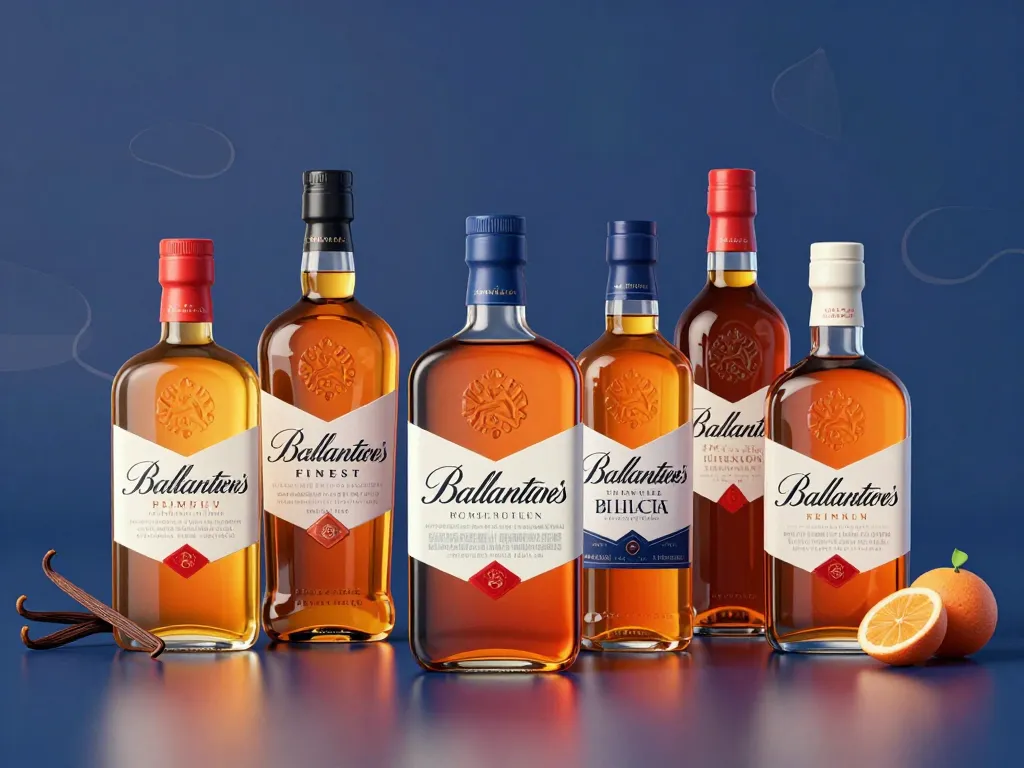 Bouteilles Ballantine's gamme Finest à premium alignées