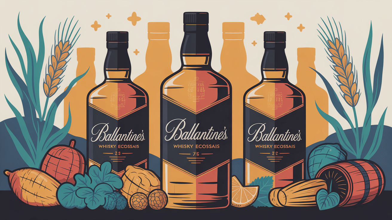 Illustration whisky écossais Ballantine's avec céréales et bouteilles