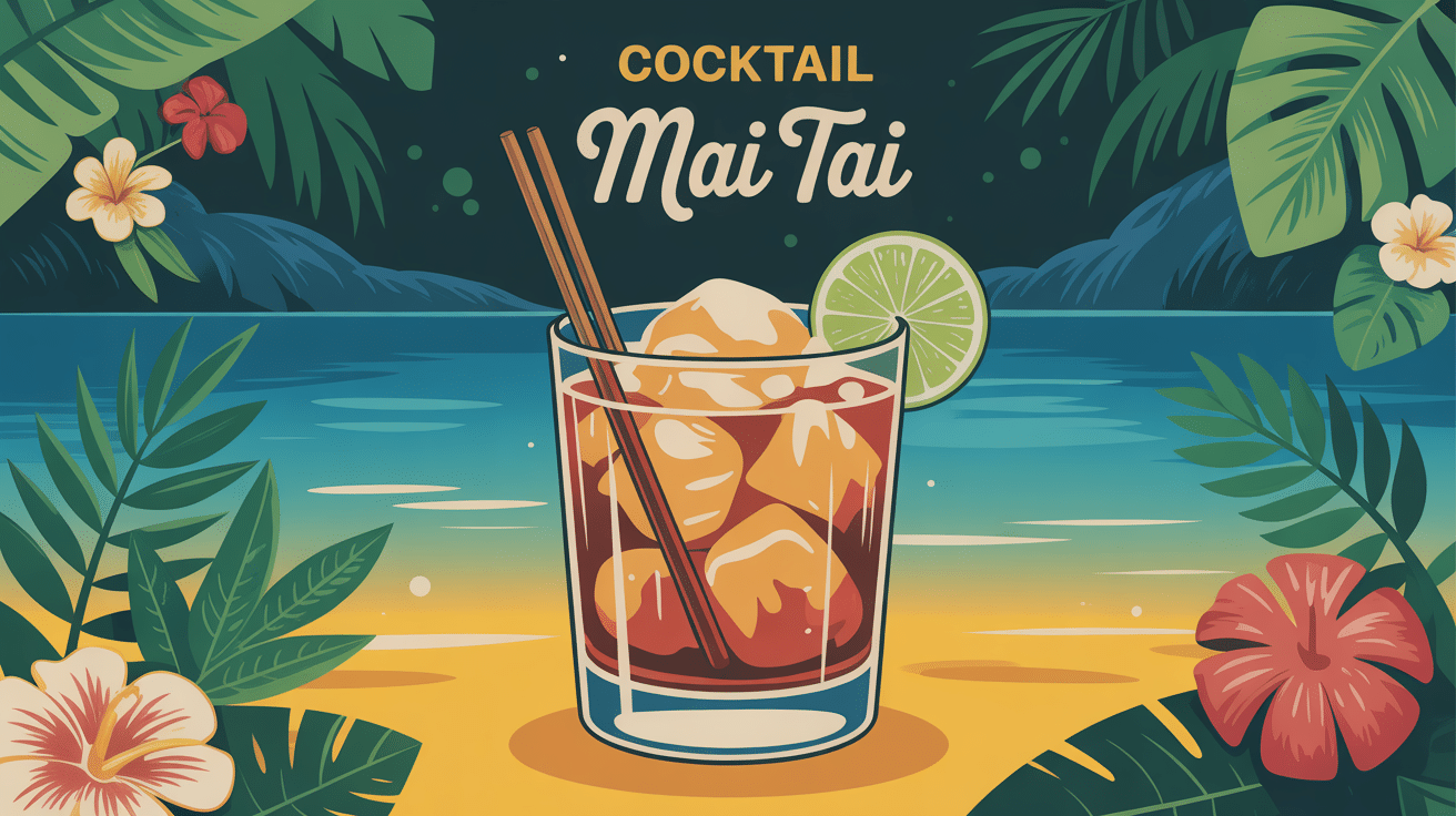 Illustration tiki cocktail Mai Tai exotique