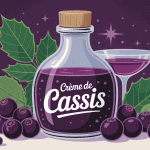 Illustration crème de cassis bouteille et baies pour cocktail