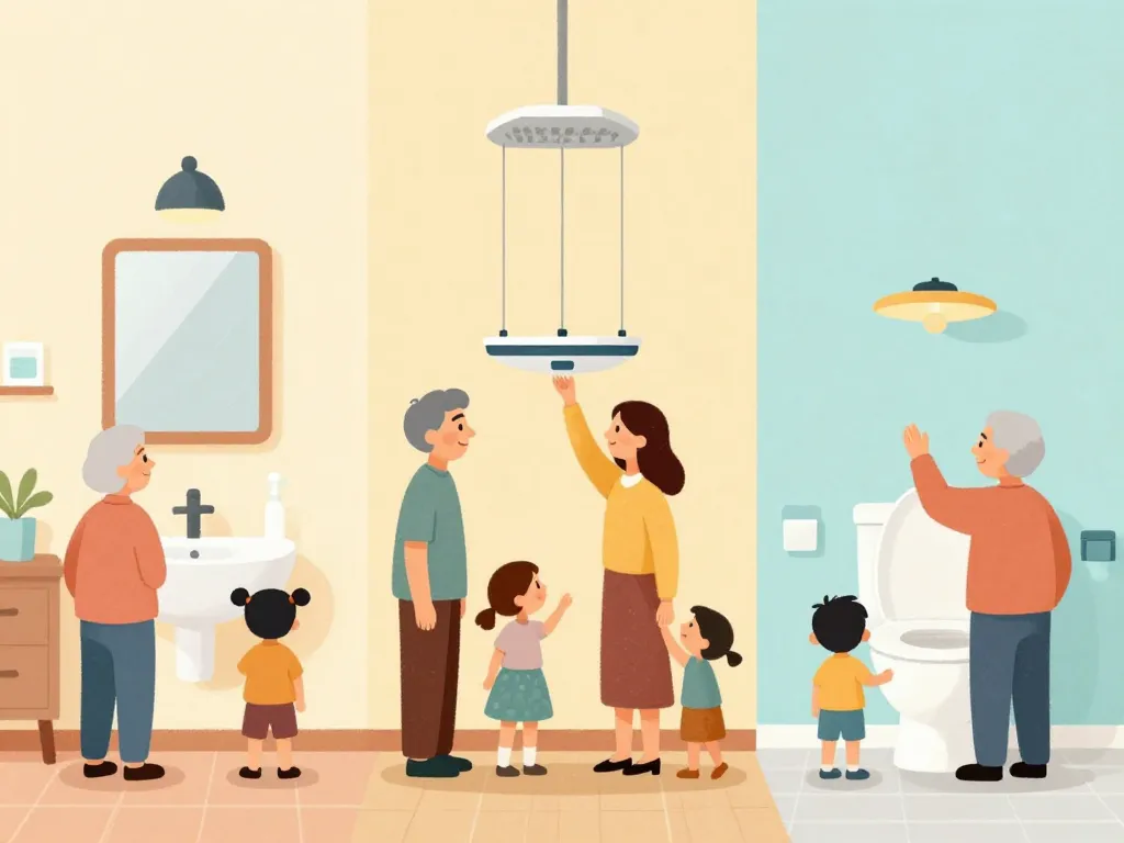 Scène hauteur wc suspendu famille seniors enfants