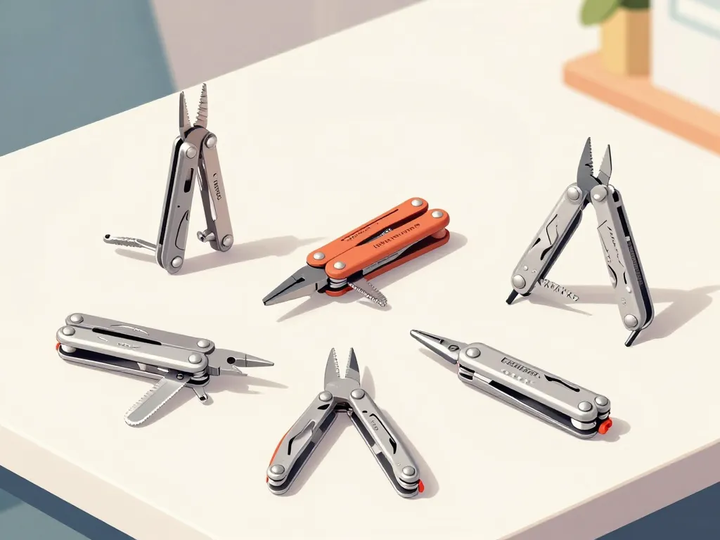 Différents multitools Leatherman ouverts sur table