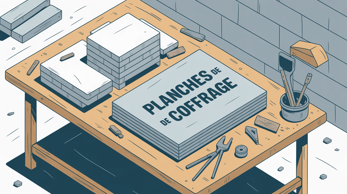 Différents types de planches de coffrage illustrés sur une table de chantier