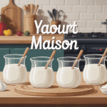 yaourt maison en pots sur table avec ustensiles