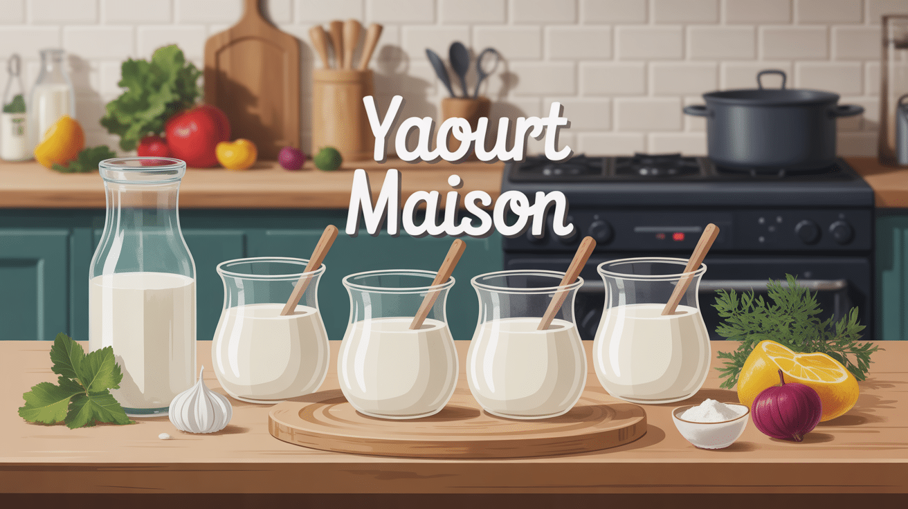 yaourt maison en pots sur table avec ustensiles