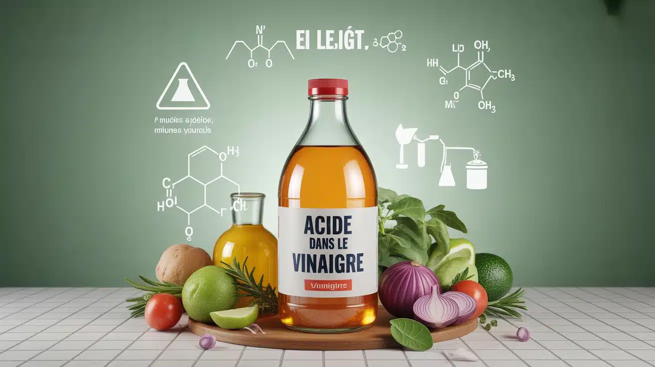 Illustration conceptuelle acide dans le vinaigre avec bouteille et molécules