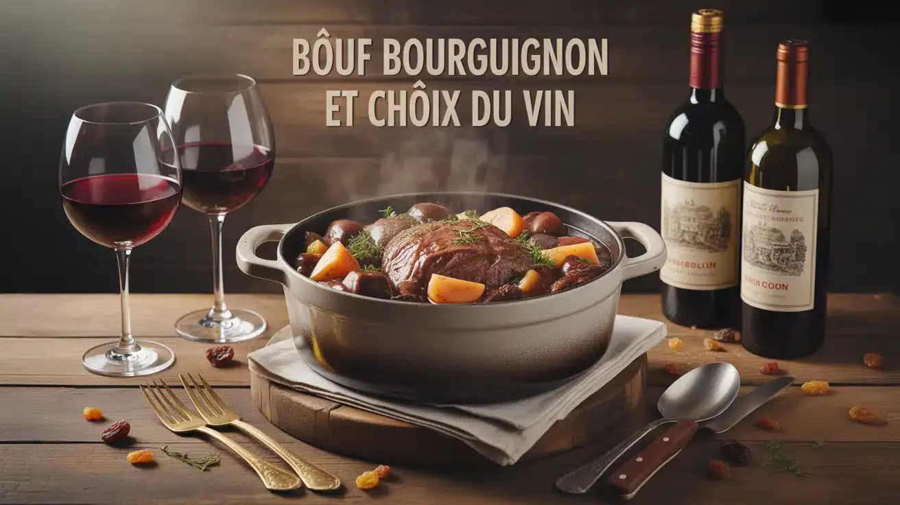 Illustration bœuf bourguignon et choix du vin rouge en cocotte