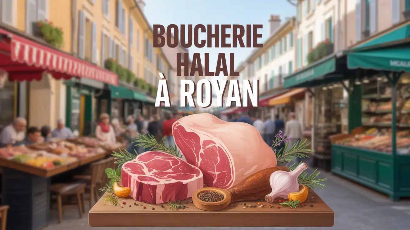 Illustration boucherie halal à Royan avec viande et marché provençal