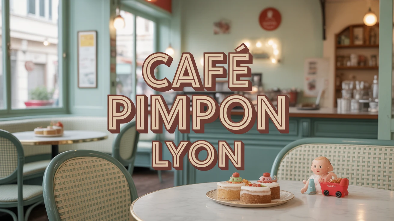Illustration Café Pimpon Lyon vintage avec jouets et pâtisseries