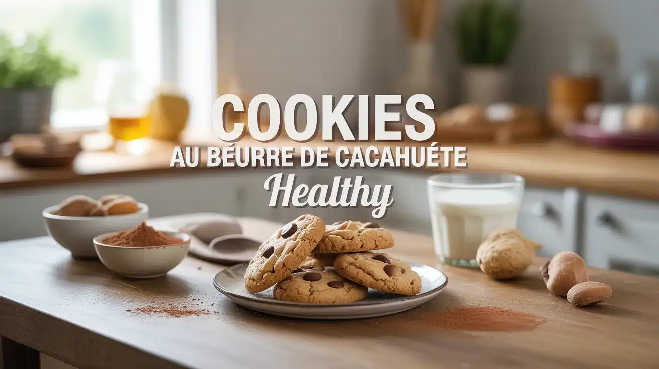 cookies au beurre de cacahuète healthy avec pépites de chocolat sur table en bois