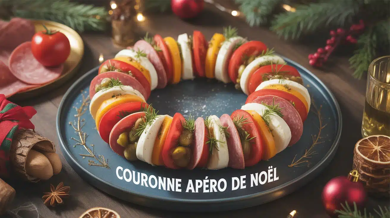 illustration couronne apéro de Noël avec tomates cerises mozzarella charcuterie