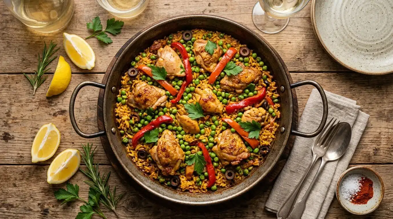 Paella au poulet traditionnelle dans sa poêle