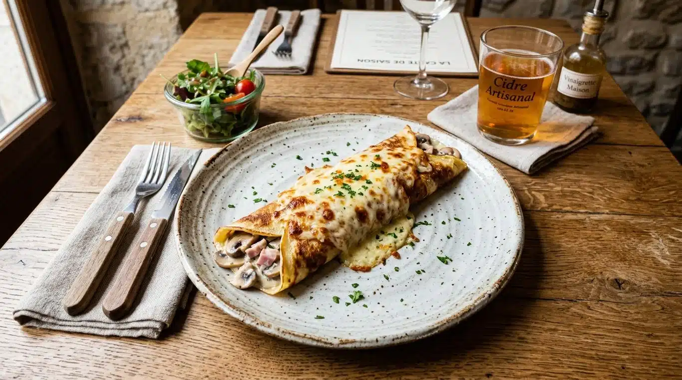 Une Ficelle Picarde dorée et gratinée servie dans une assiette artisanale